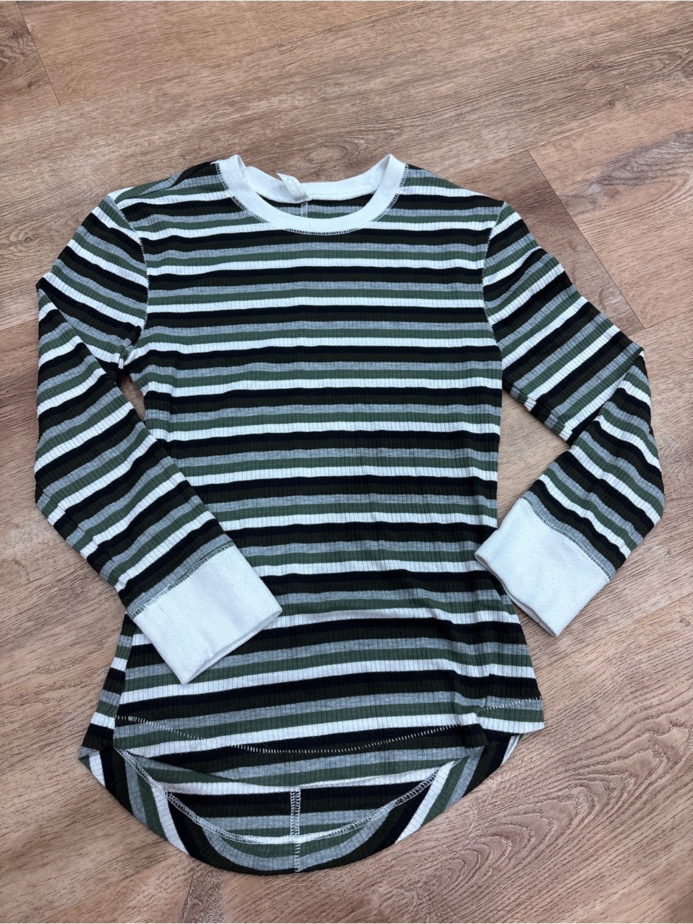 Striped Long-Sleeve Ribbed Tee in Green, Black & White